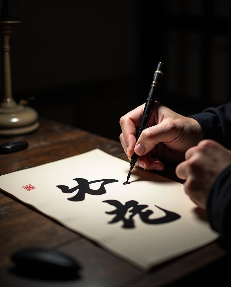Japanese kanji calligraphy master crafting characters