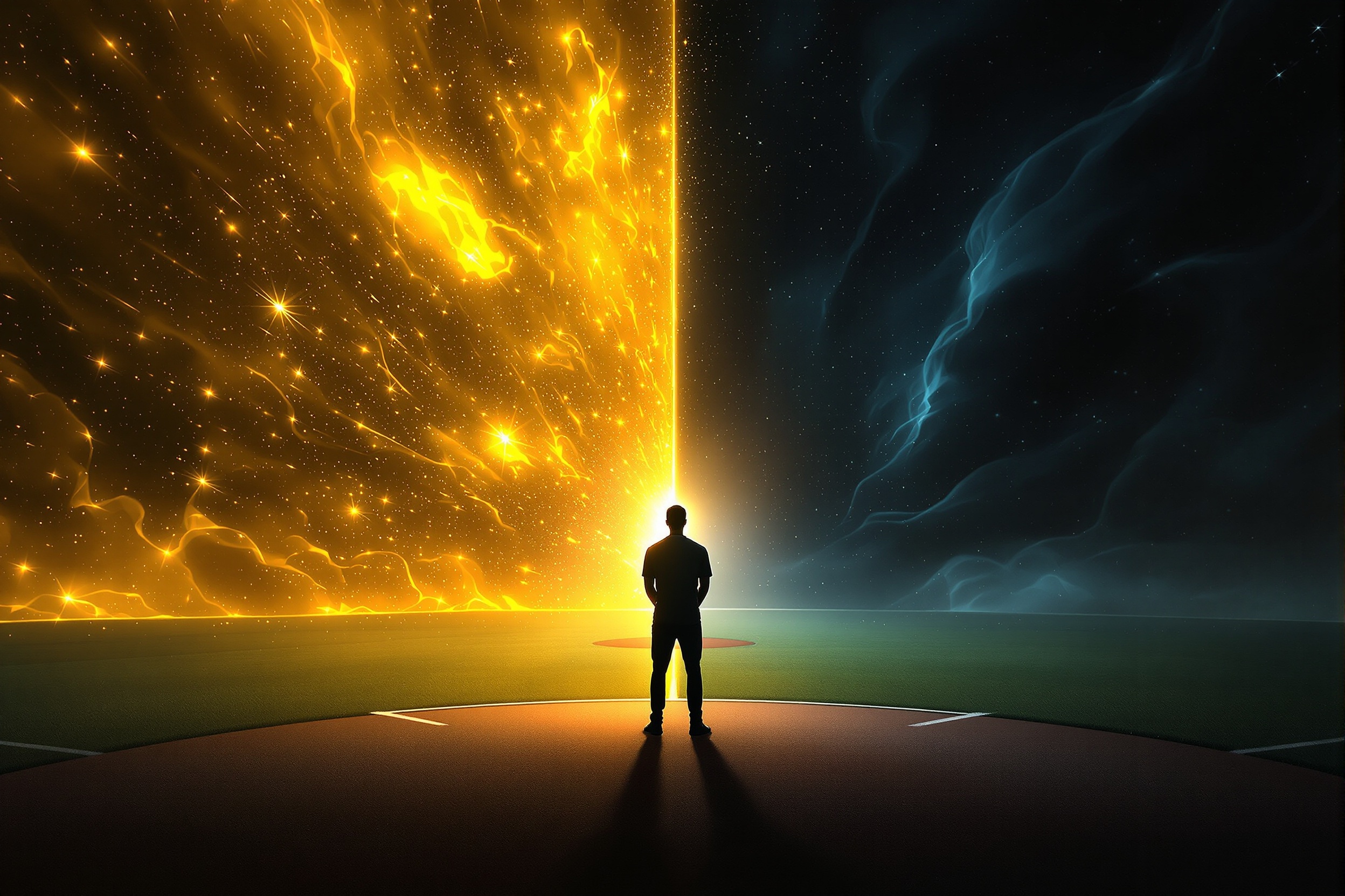 未来の幻影である欲望と恐怖に惑わされず、今この瞬間に集中するアスリートの強さを示すイメージ
