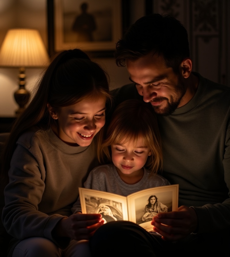 Família emocionada vendo fotos restauradas