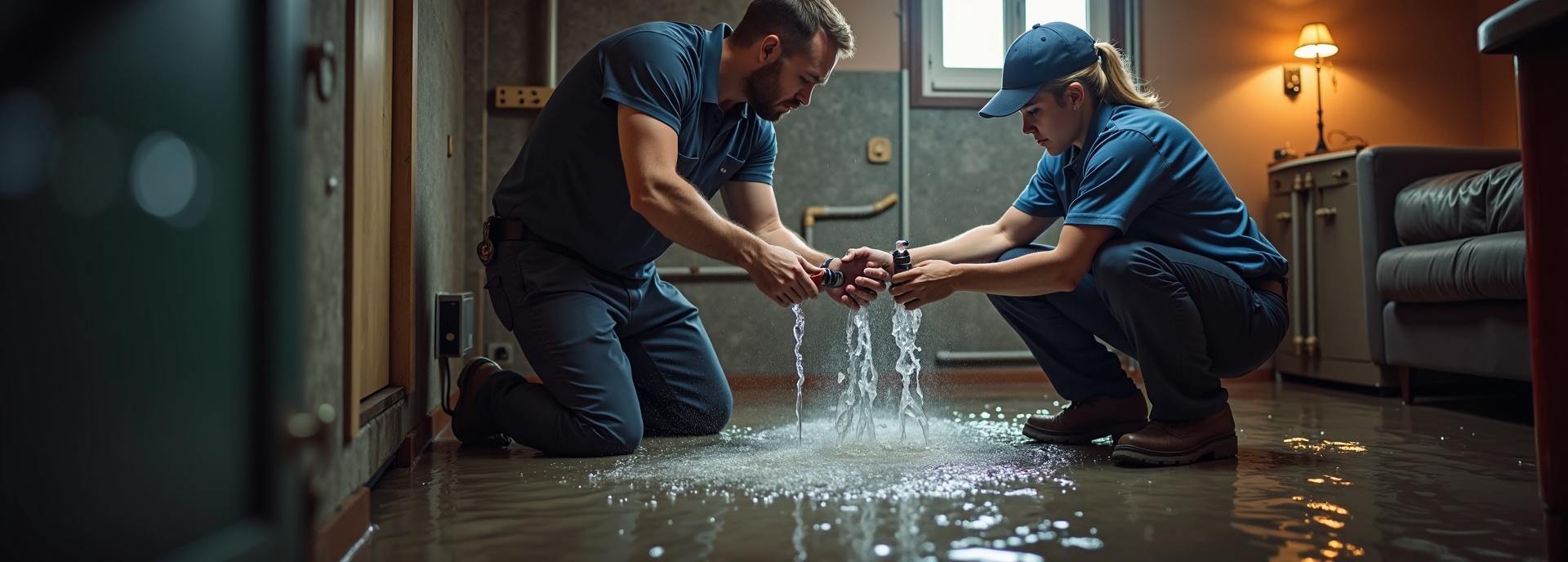 Emergency plumber repairing a burst pipe in a flooded basement
