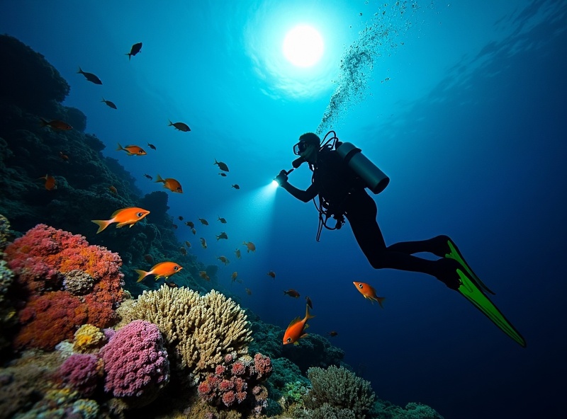 Diver exploring reef under moonlight