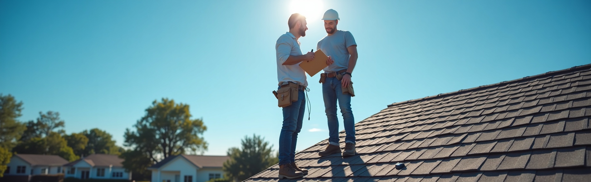 Insurance adjuster meeting with homeowner on roof