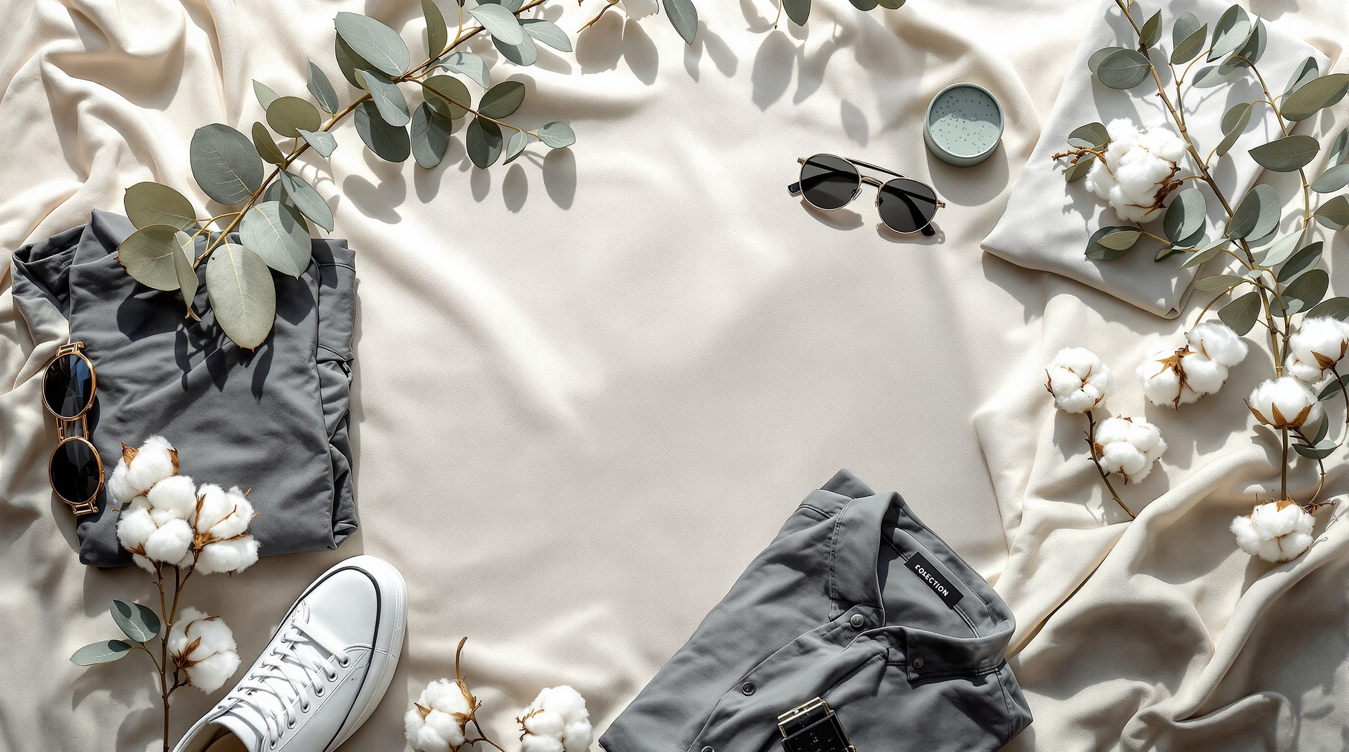 Curated fashion flat lay on cream background