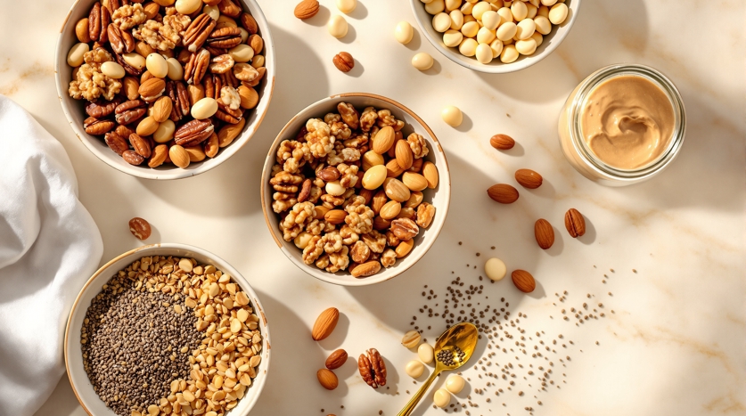 Keto-friendly nuts and seeds including macadamia, pecans, walnuts, almonds, chia seeds and natural nut butter