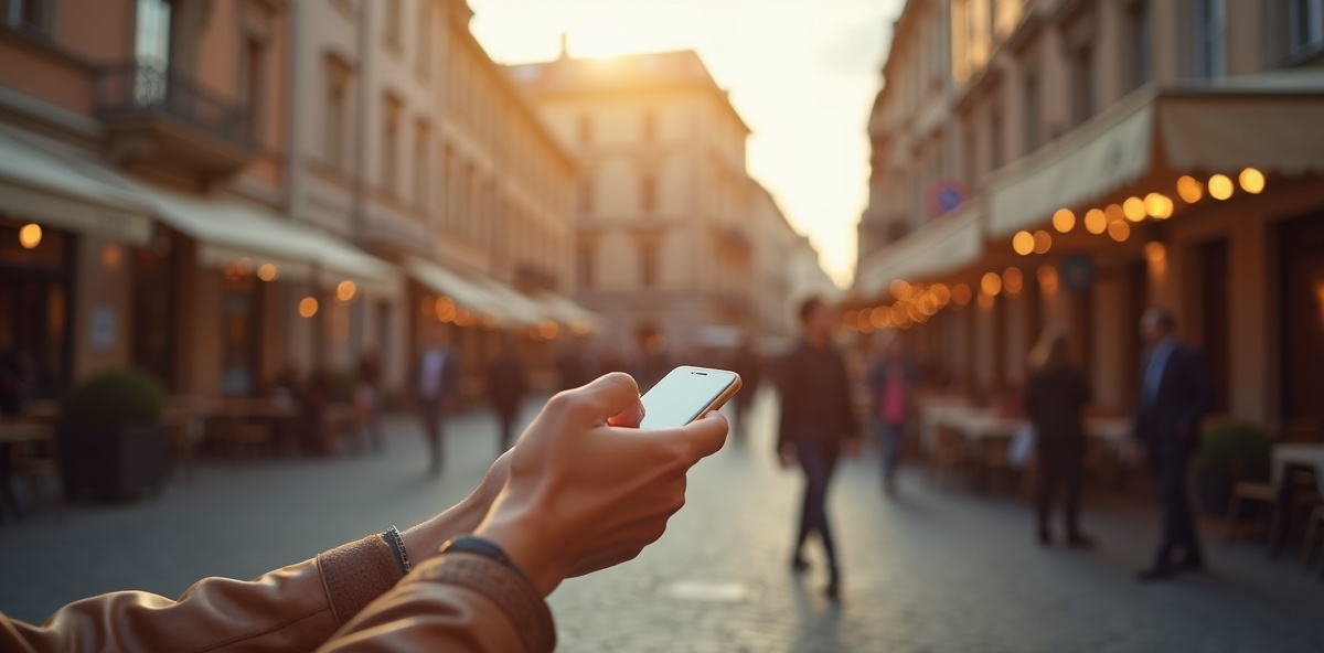 Traveler using eSIM-enabled smartphone in European city