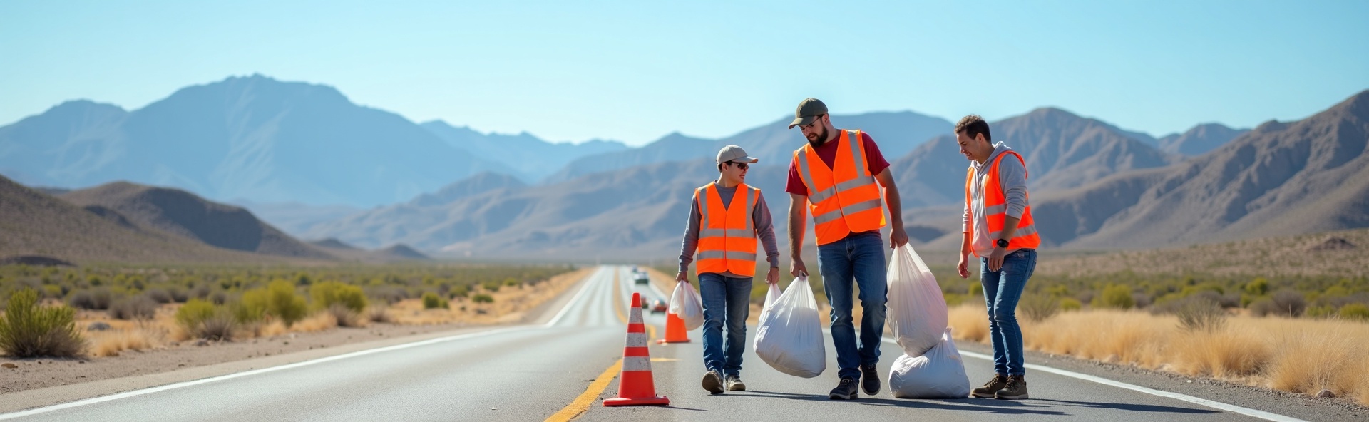 Adopt-a-Highway volunteers cleaning El Paso highway with Franklin Mountains in background