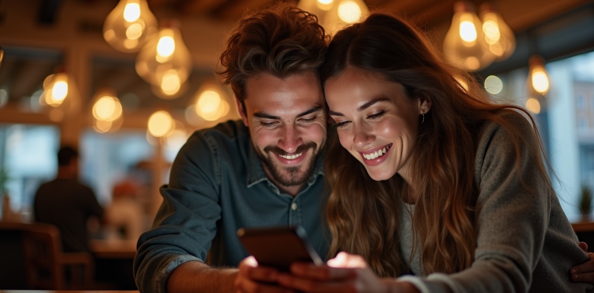 Happy Canadian couple using love calculator app on smartphone together in modern coffee shop, showing technology and romance in contemporary dating scene 2026