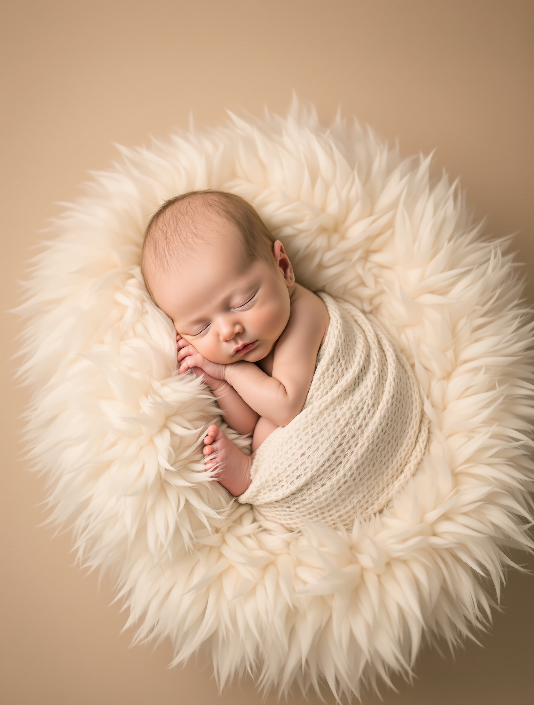 Newborn sleeping on white fur