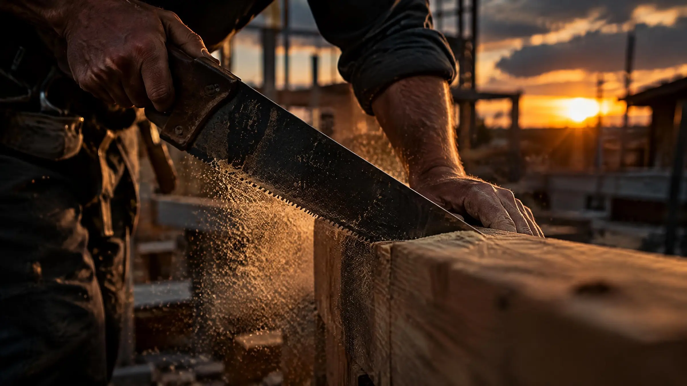 A carpenter's hands shaping a wooden beam on a job site at dusk.