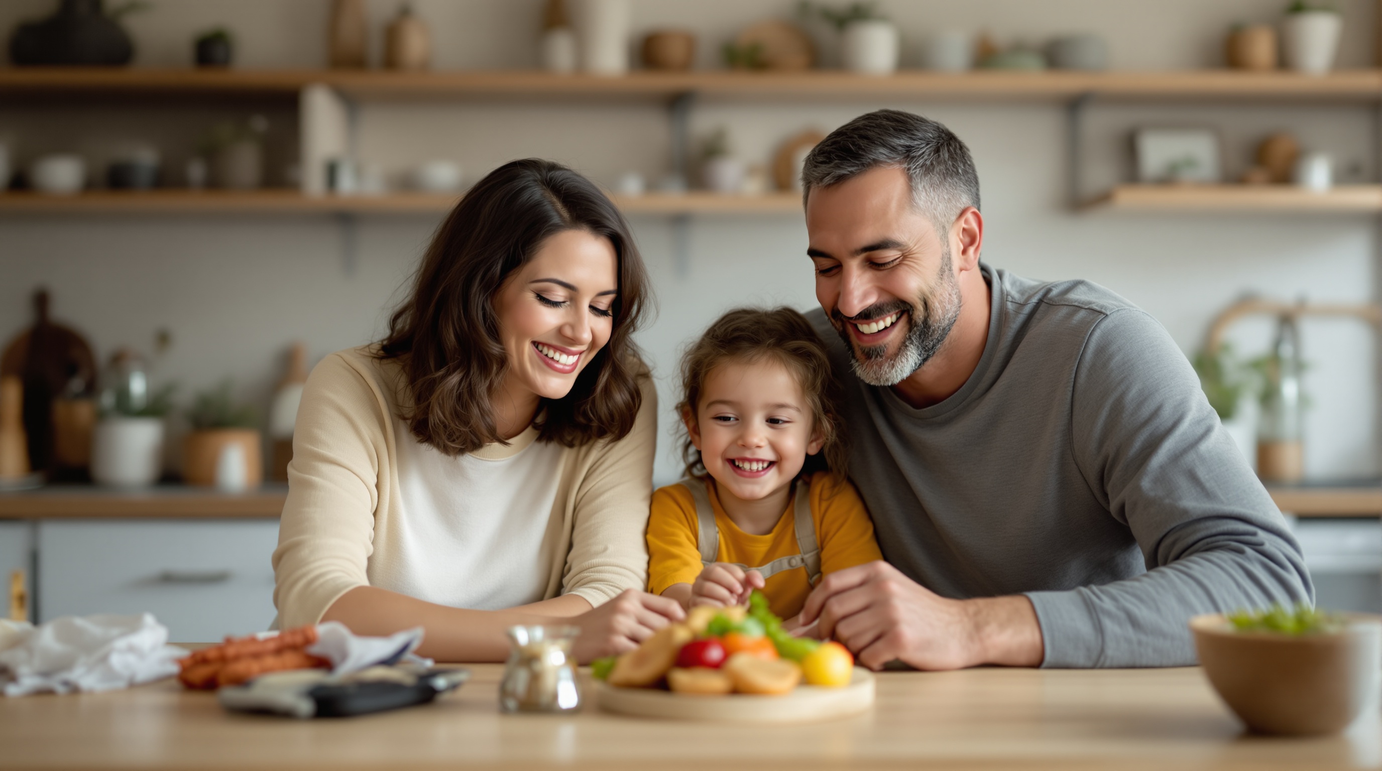Happy family reviewing their household prescription membership at home