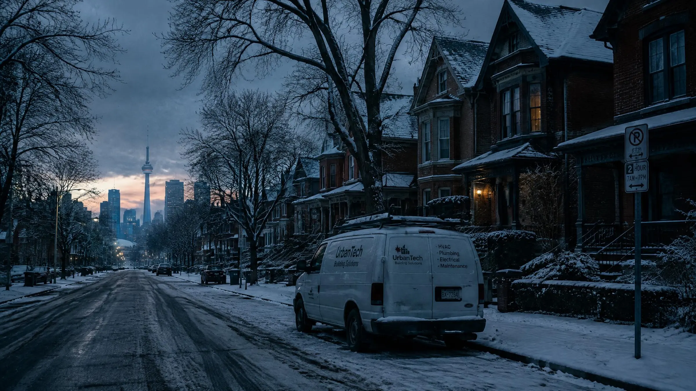 A snow covered Toronto street at dawn with a white plumbing van parked at the curb.