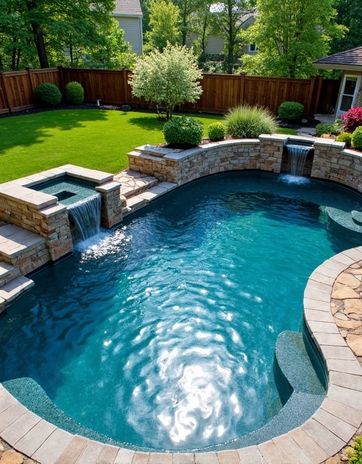 Gunite pool with raised spa and spillover waterfall in NJ backyard
