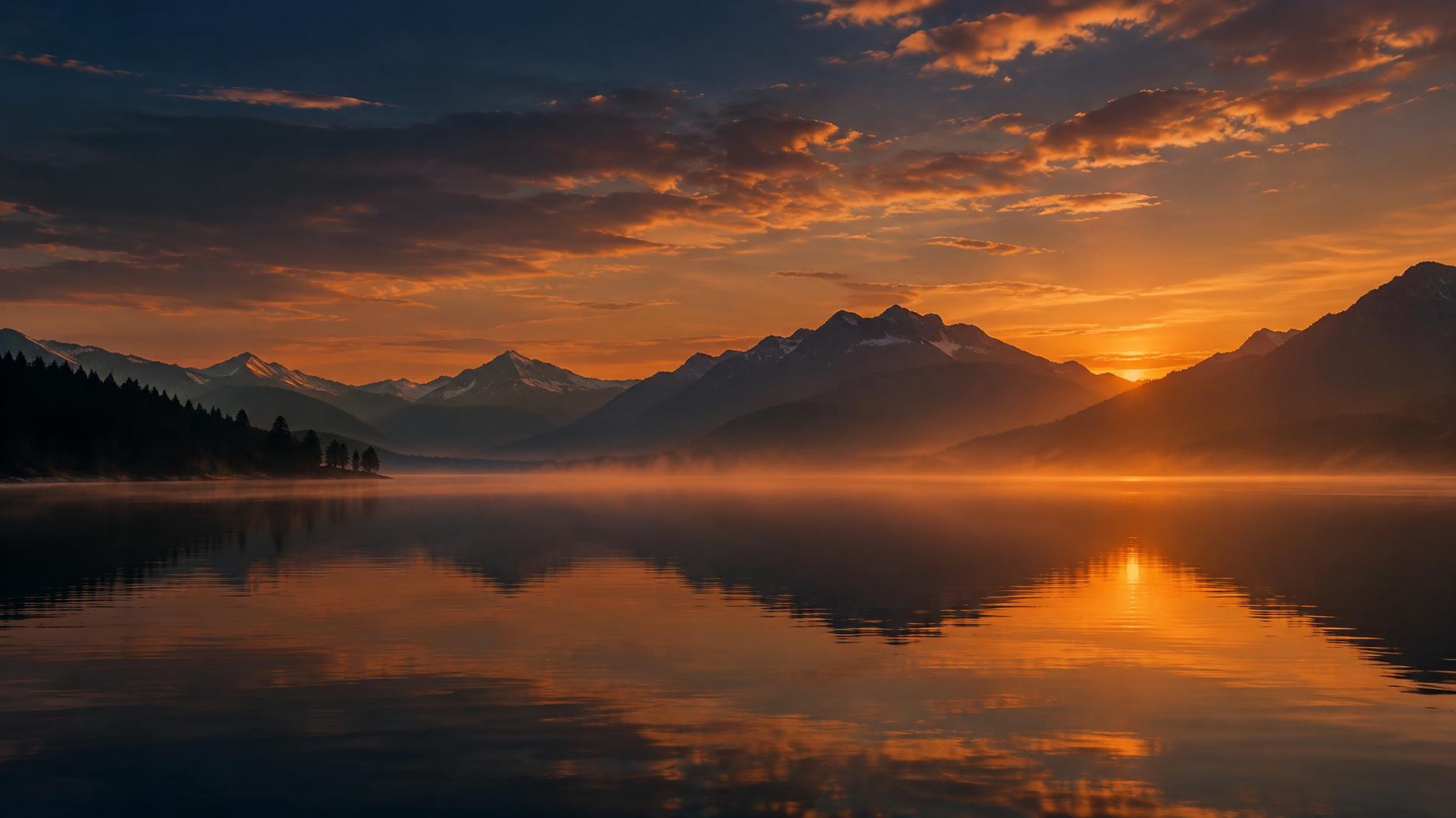 Paisagem ampla de um lago calmo e montanhas distantes ao entardecer, com luz dourada se espalhando pelo céu azul profundo