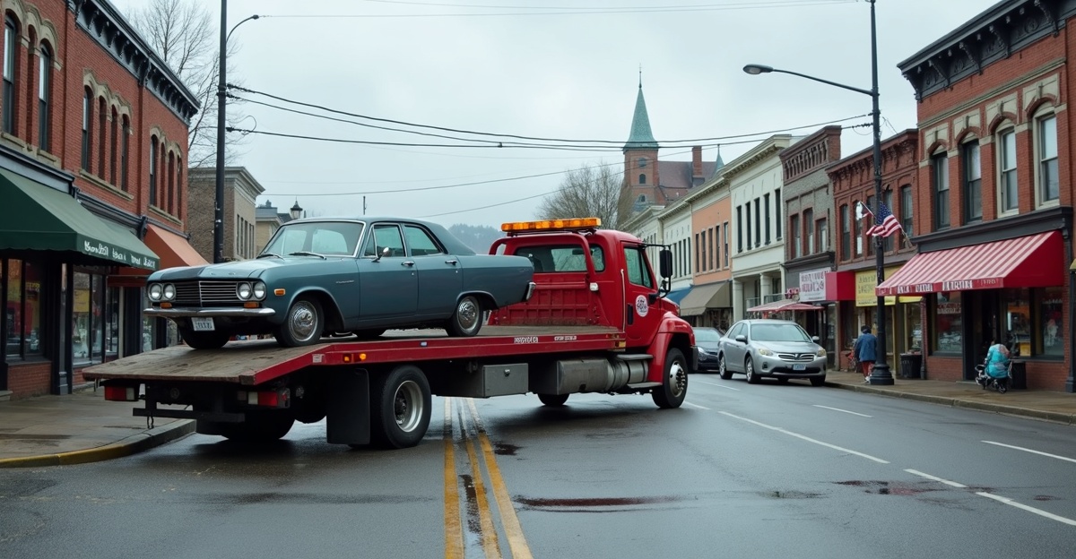 Flatbed tow truck removing an old car from a street in downtown Port Coquitlam Centre near Shaughnessy Street with the historic core and Traboulay PoCo Trail in the background