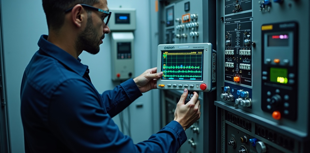 Engineer analyzing power quality and harmonic distortion measurements