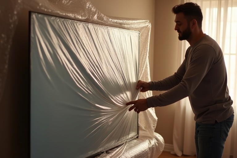 Professional mover carefully wrapping electronics with protective materials for safe transport