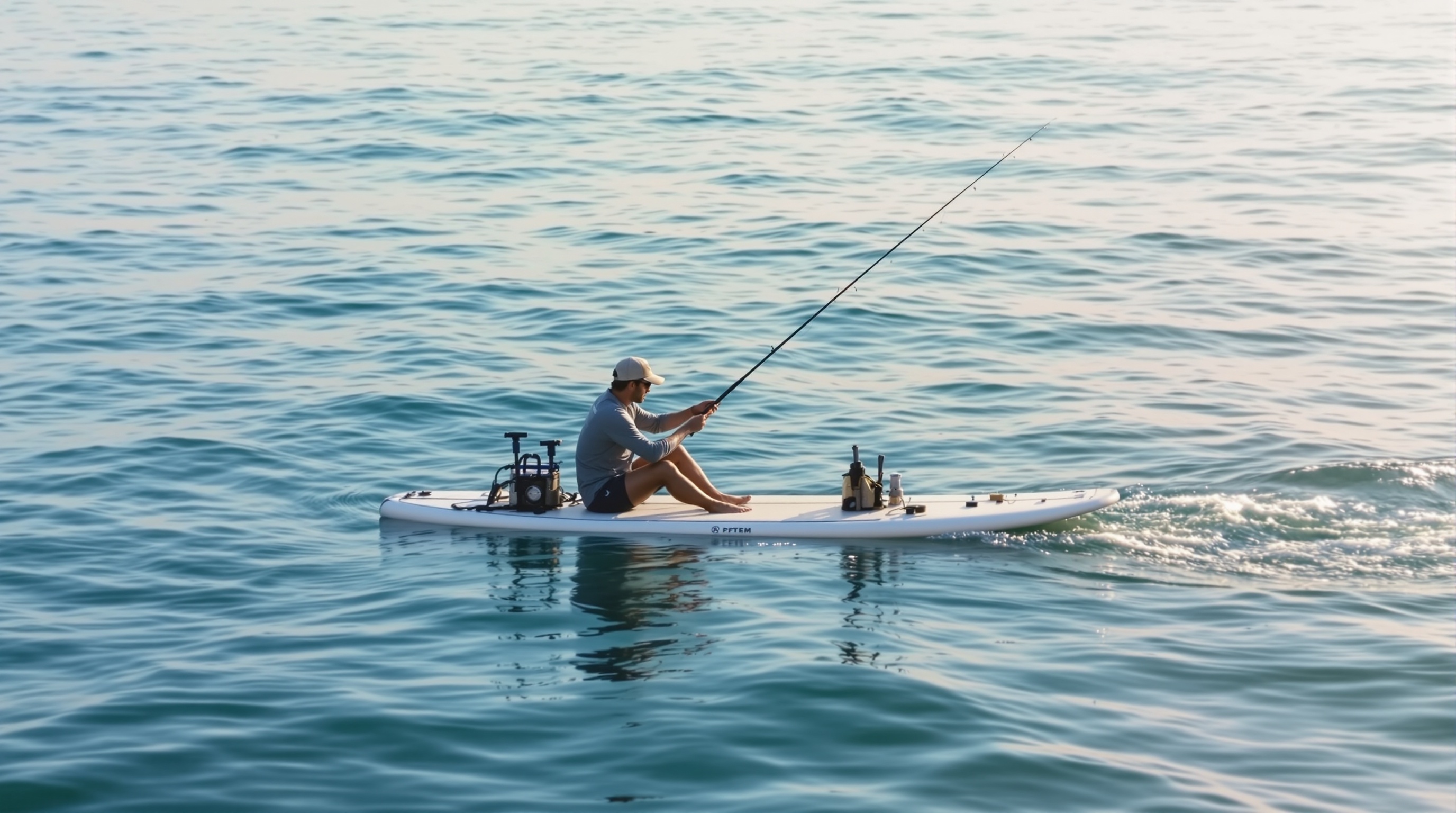 Angler checking weather conditions on phone before surfboard fishing trip — proper pre-trip planning and safety assessment