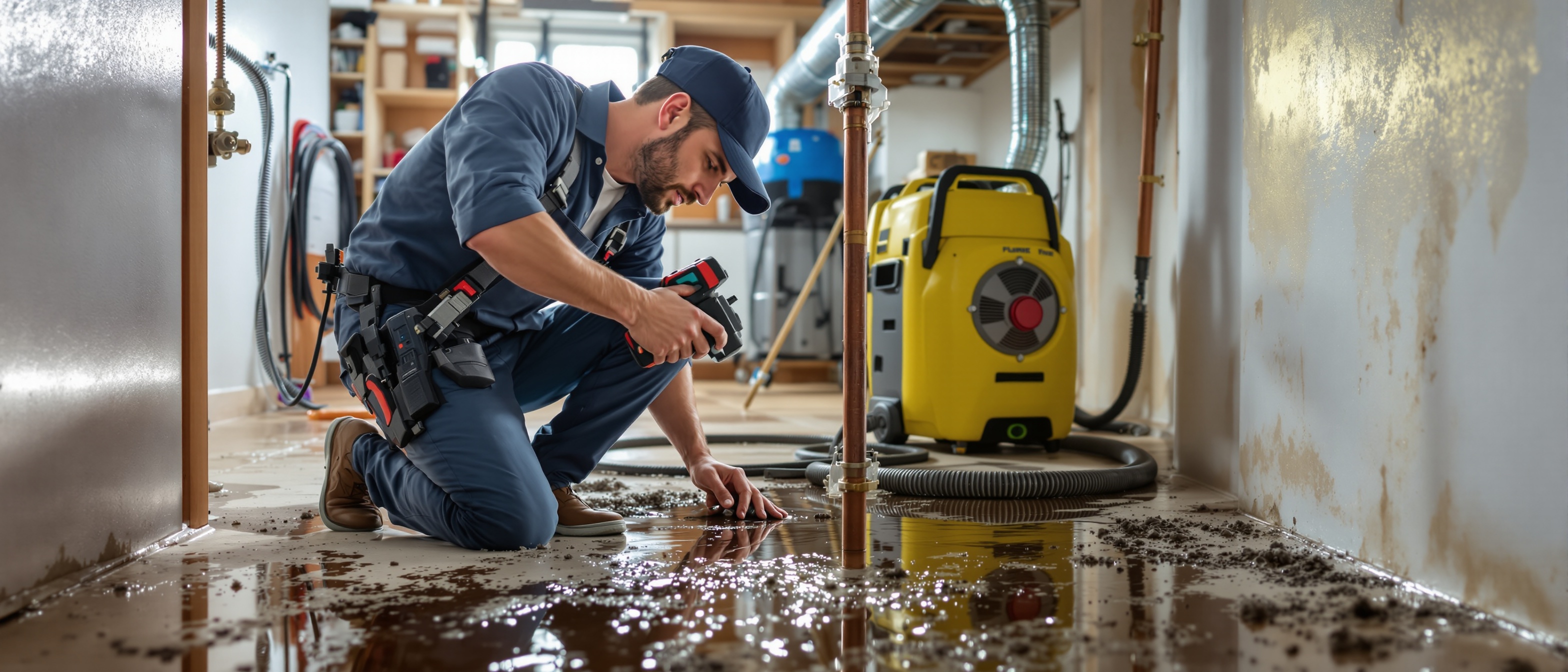 Professional plumber repairing a burst pipe in a residential home