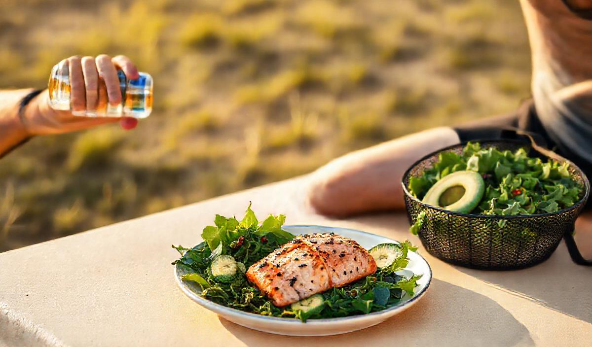 Fit endurance athlete with a keto recovery meal of grilled salmon, avocado and leafy greens representing ketogenic diet for athletic performance