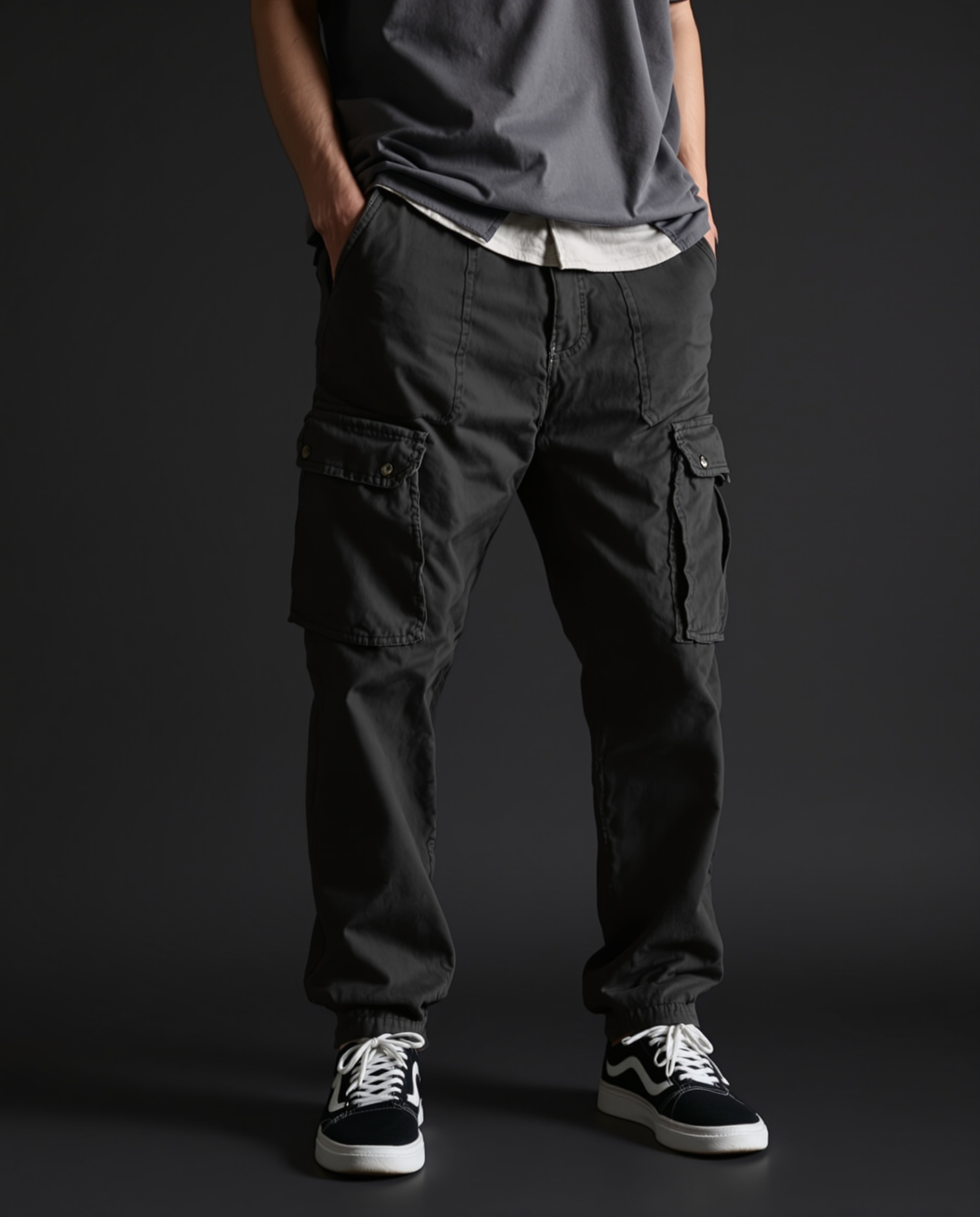 AI-generated illustration for Washed Cargo Pants Example; not a product listing or QC photo