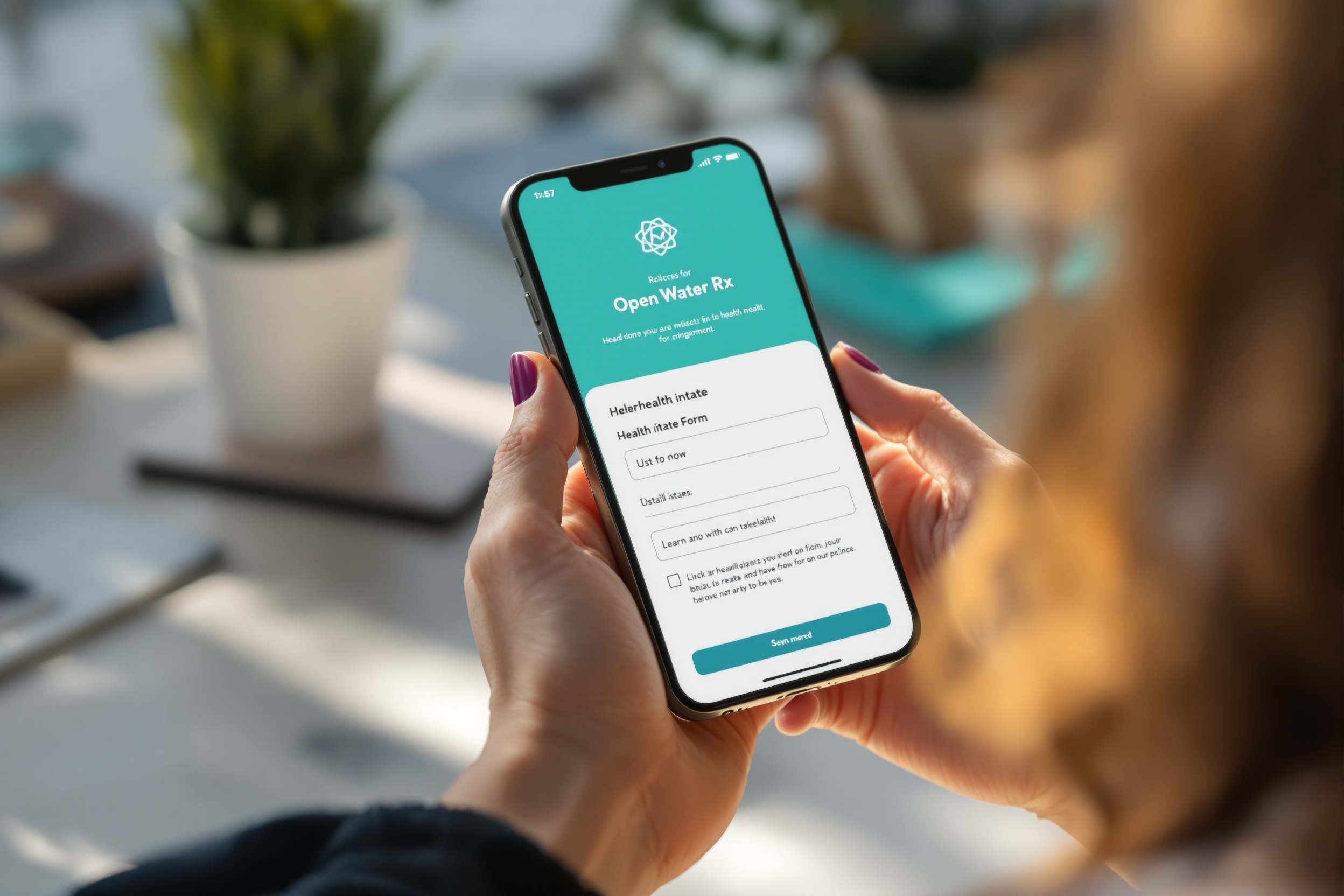 Patient completing a secure online telehealth health evaluation on a smartphone — the first step in clinician-guided care through Open Water Rx