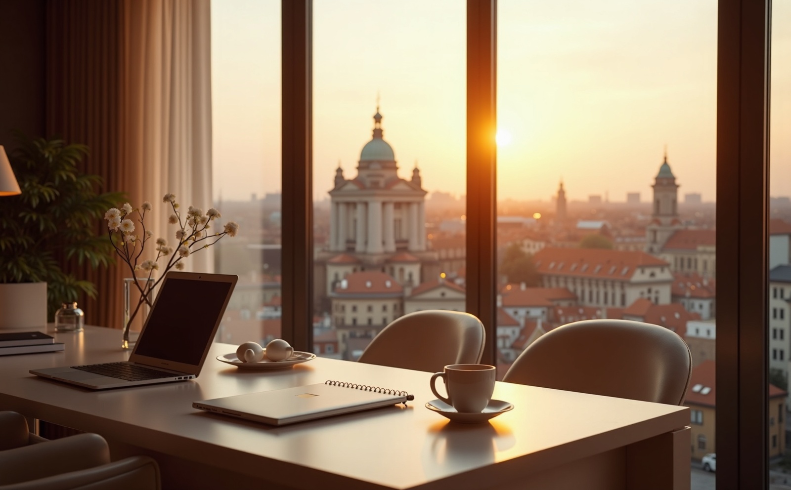 Elegant office with Warsaw skyline view