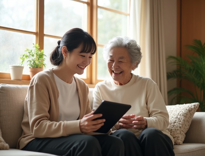 介護スタッフと高齢者がタブレットを見ながら談笑