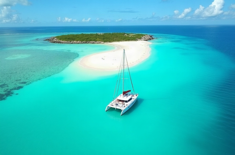 Catamaran sailing towards Flat Island lighthouse