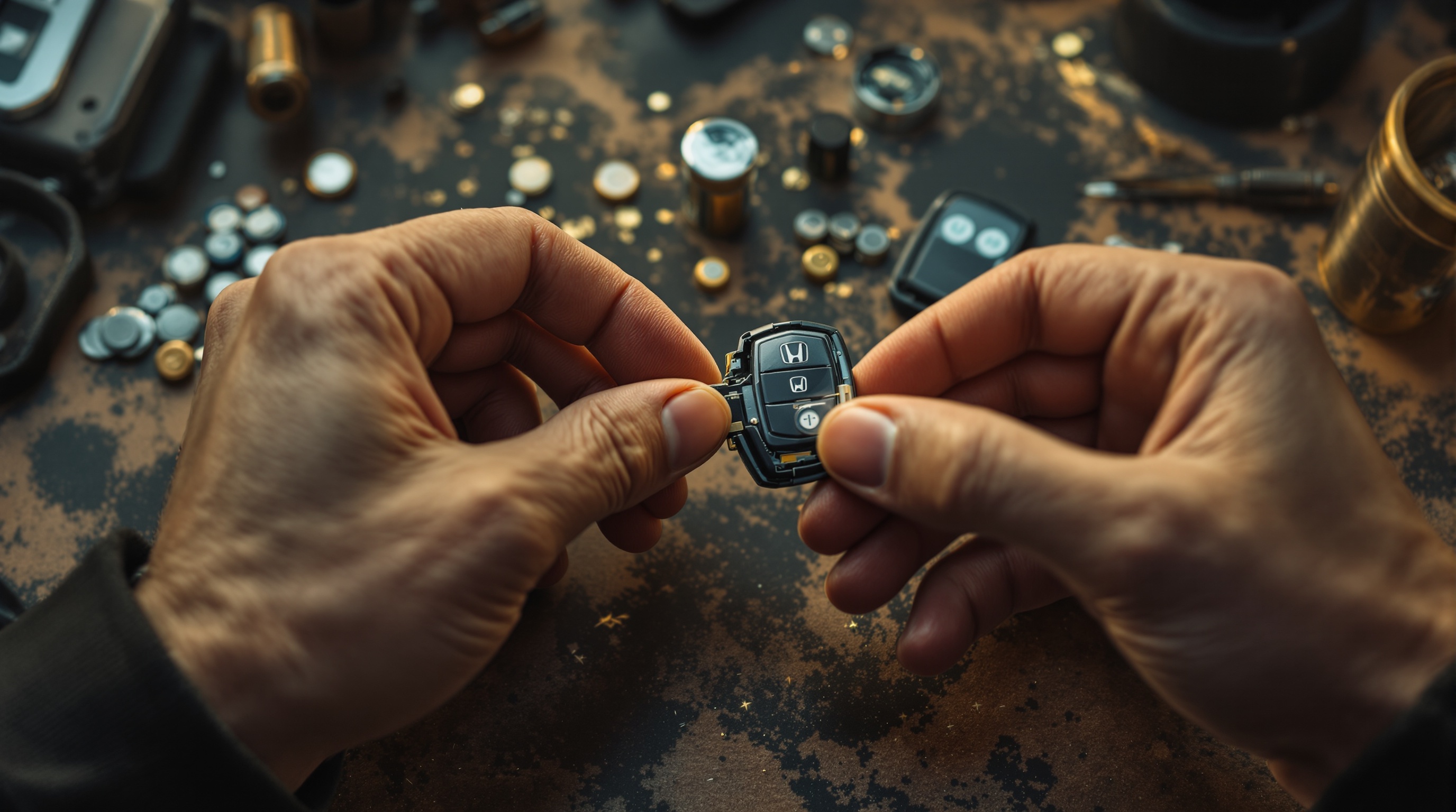 Close-up of a technician's hands prying open a Honda key fob on a cluttered locksmith workbench