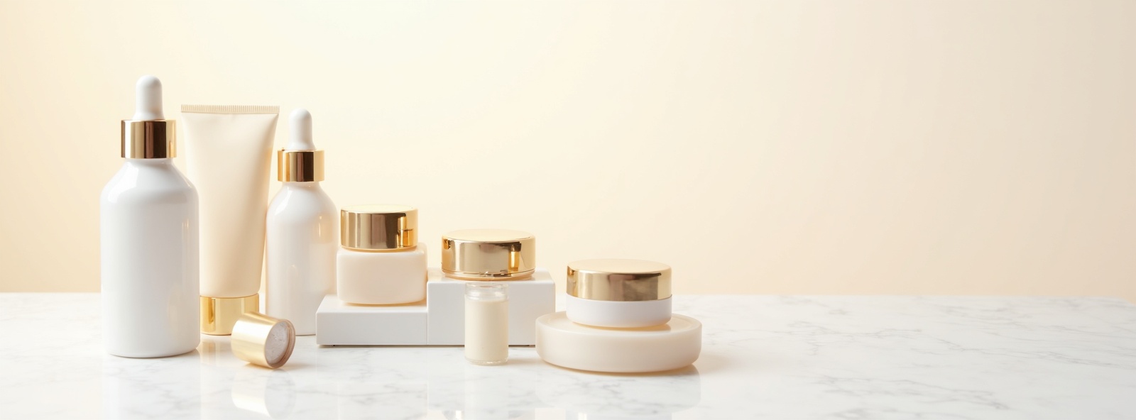 Elegant Korean cosmetics packaging flat lay with luxury skincare bottles and jars arranged on white marble surface for K-Beauty ODM contact
