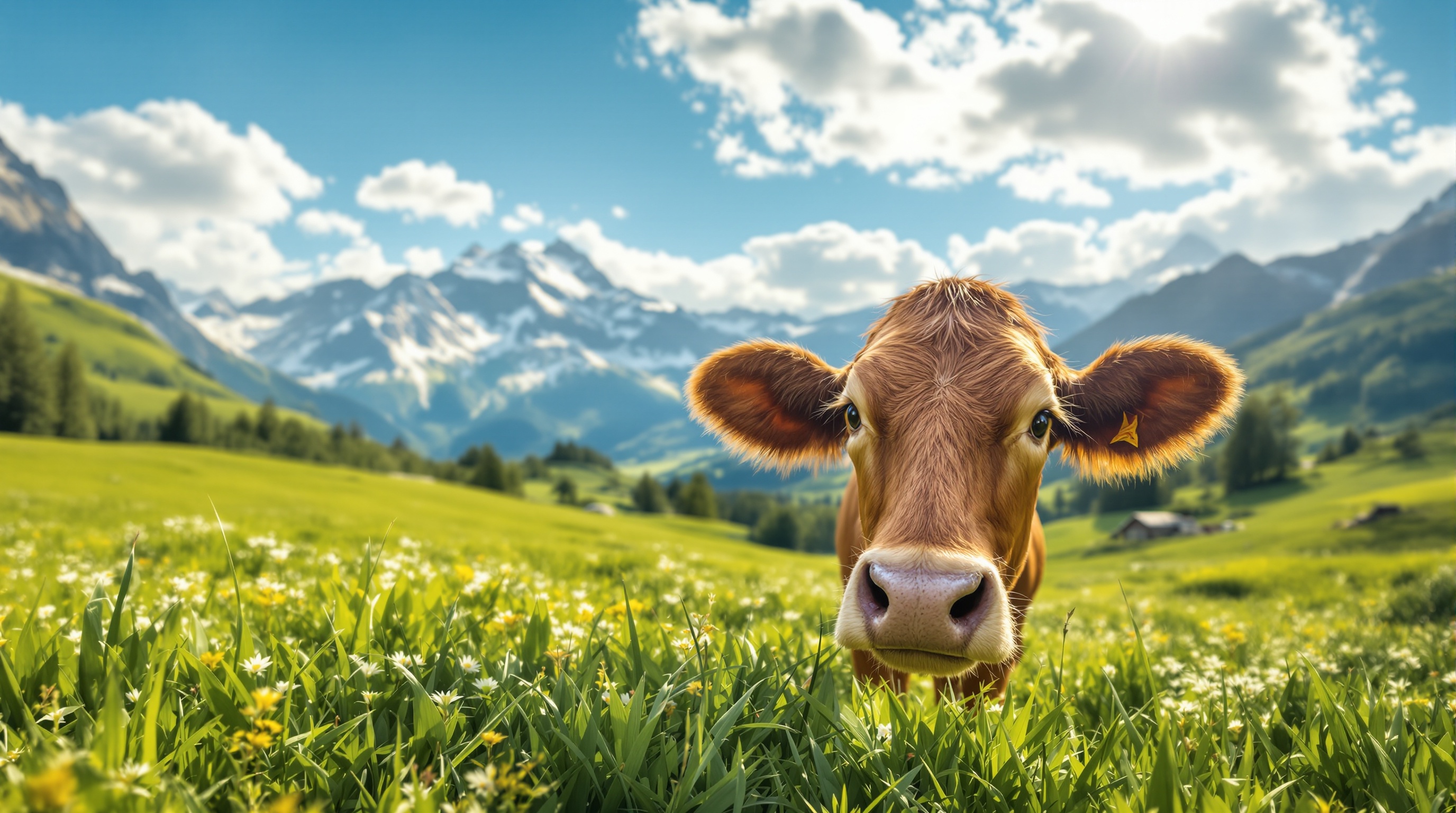 Beautiful cow in alpine mountain pasture with lush green grass and blue sky