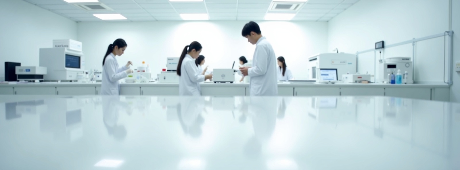 Modern Korean cosmetics research laboratory with scientists formulating advanced skincare products in a premium white facility