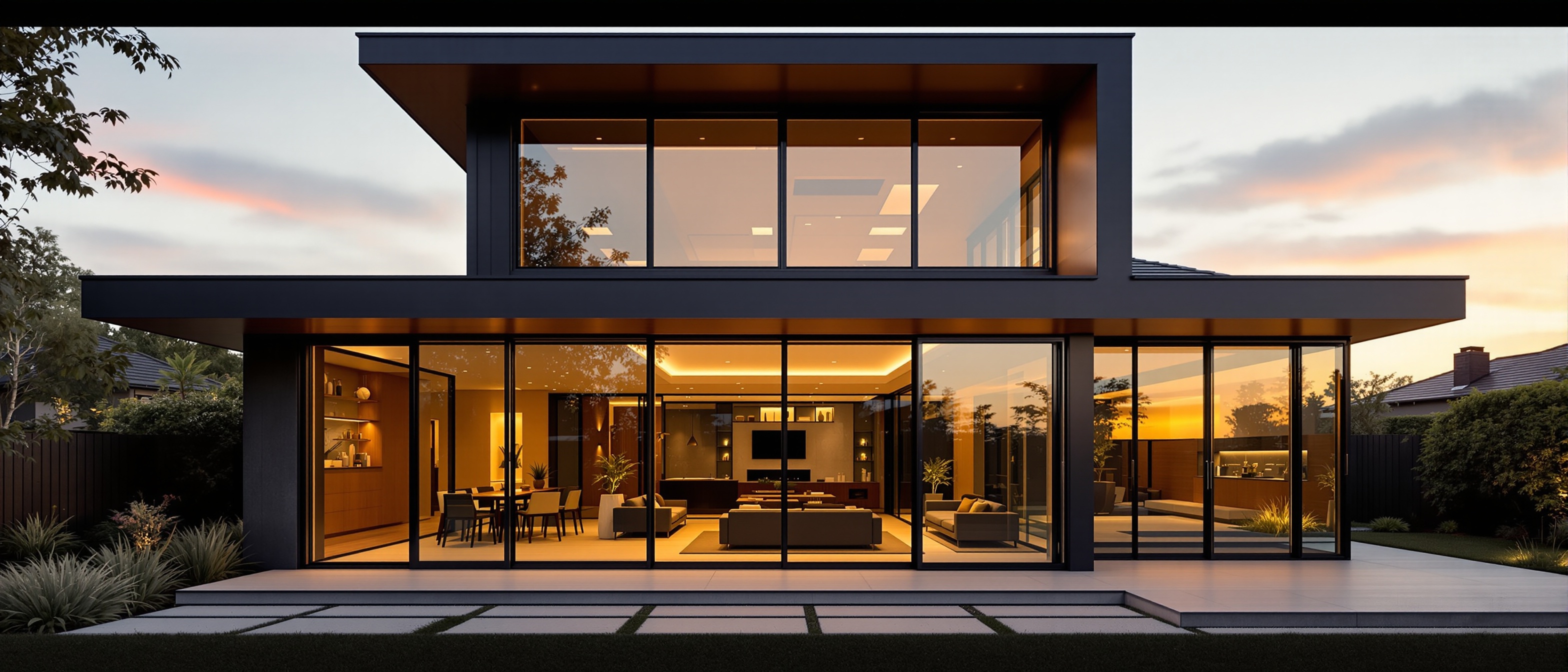 Prestige Melbourne home with premium bifold doors and floor-to-ceiling windows at golden hour