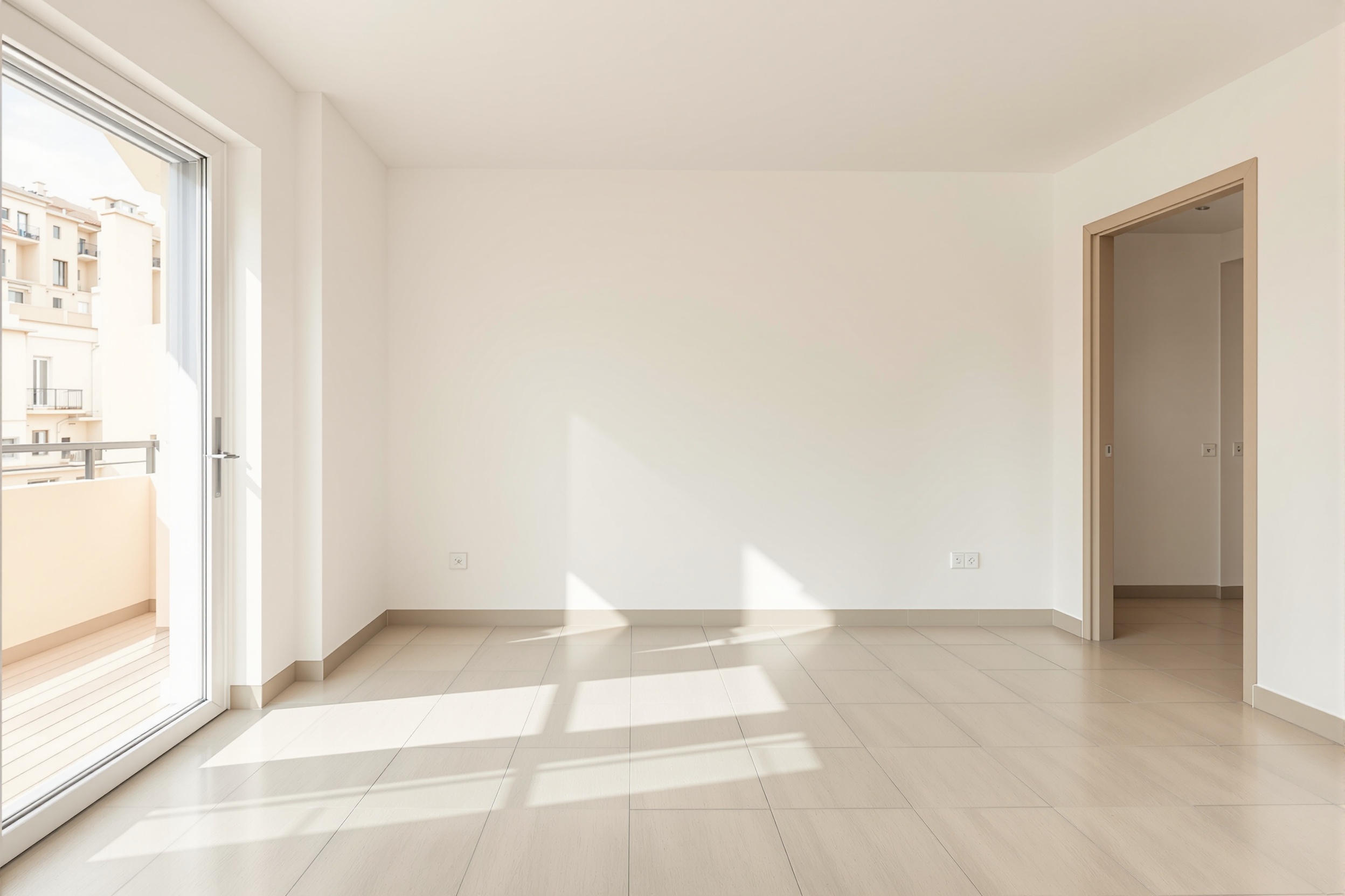 Salón vacío tras vaciado de piso en Rubí - suelo de madera y paredes blancas con luz natural