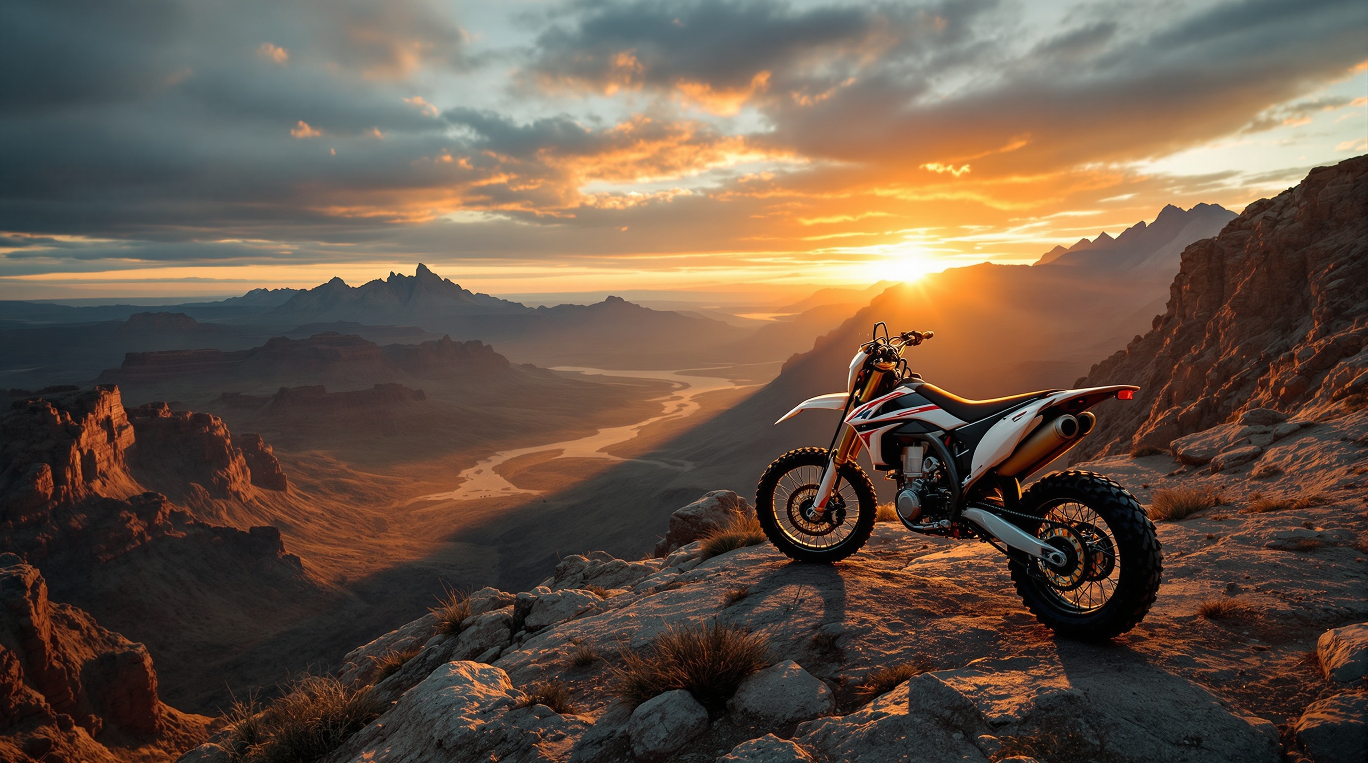 Electric motorcycle jumping over terrain at sunset