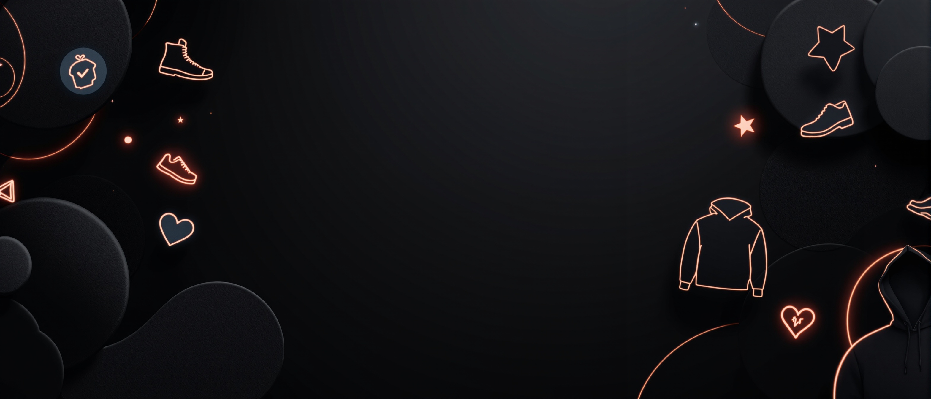 Dark abstract background with fashion silhouettes and warm accent glows