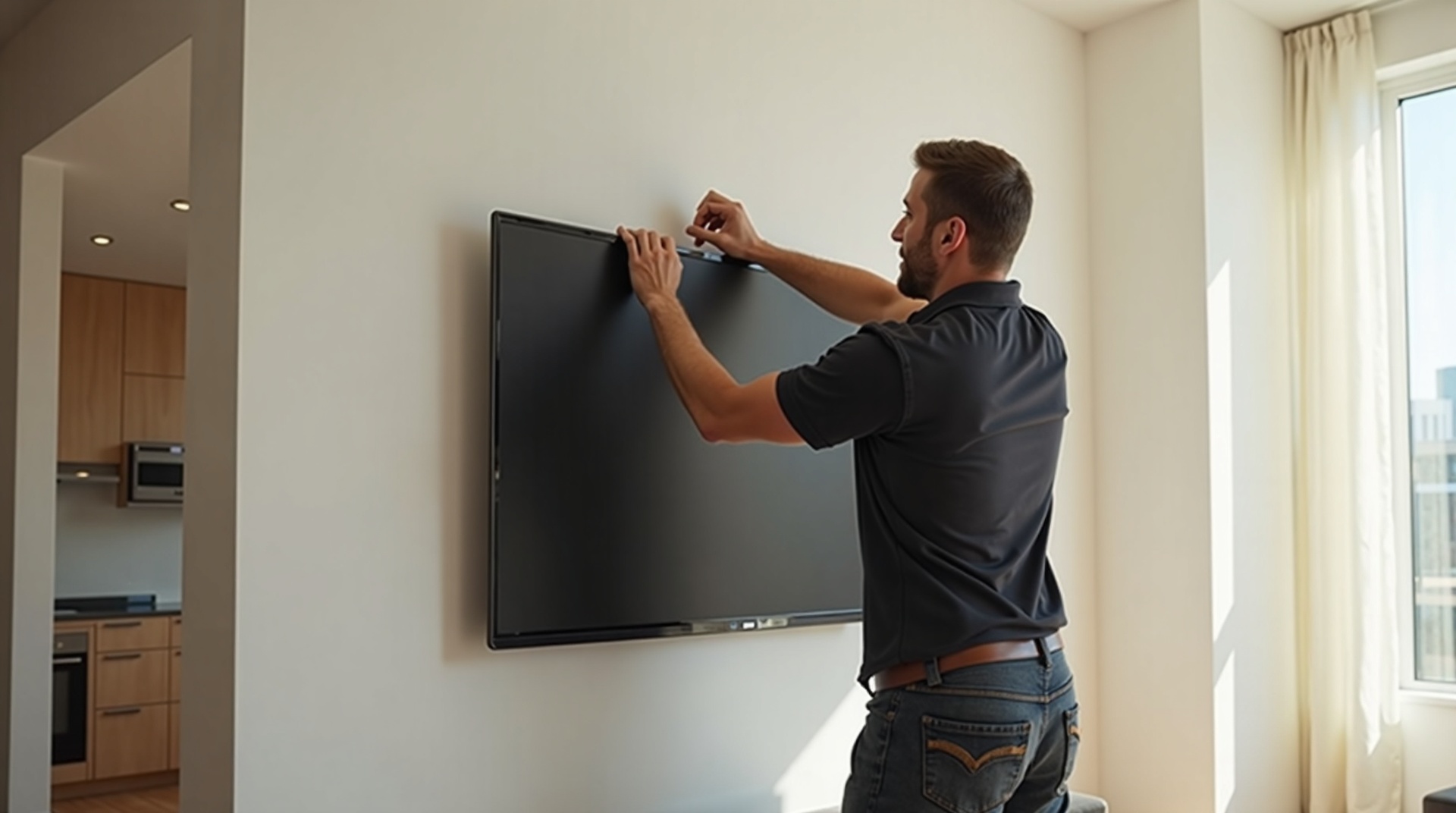 Professional handyman mounting TV in modern luxury apartment