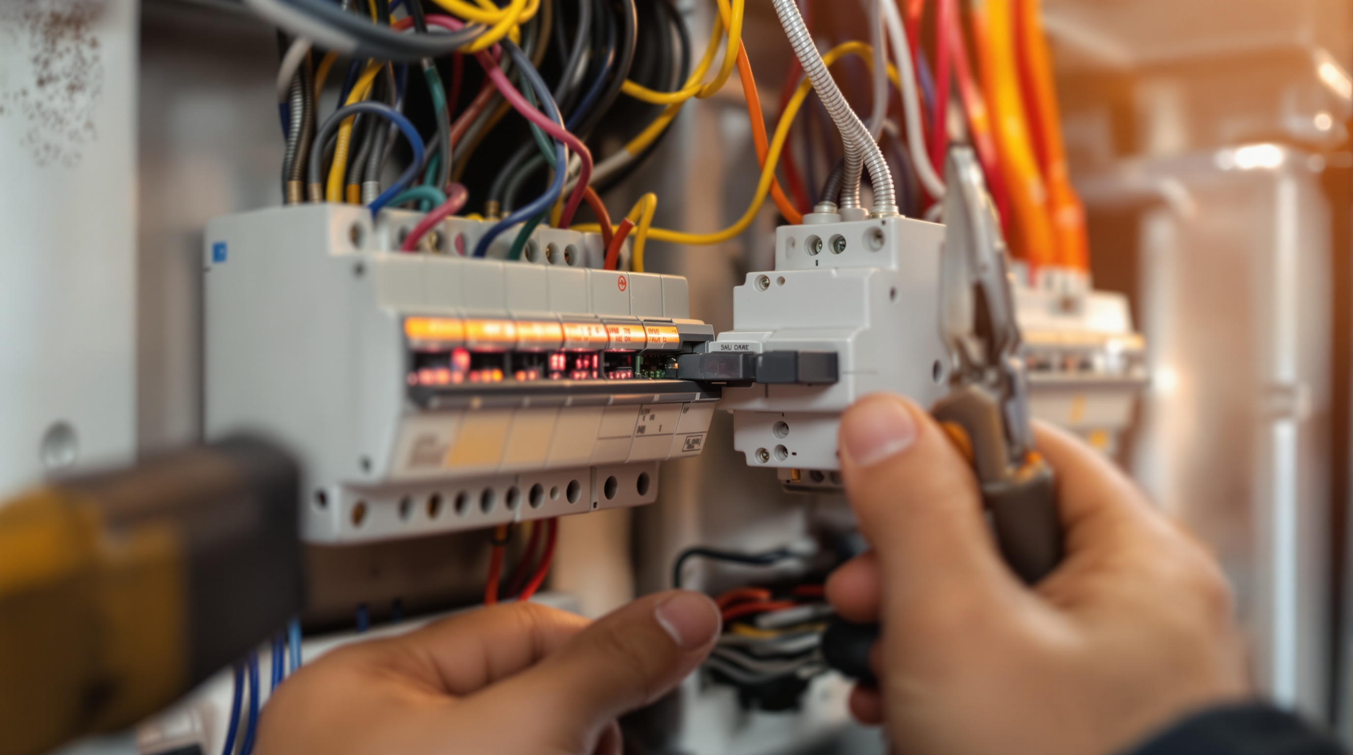 Close-up of hands wiring a consumer unit circuit breaker during EV charger installation in Manchester