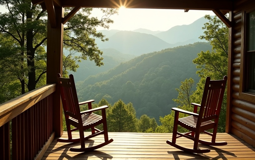Mountain cabin porch in Highlands North Carolina overlooking a forested valley