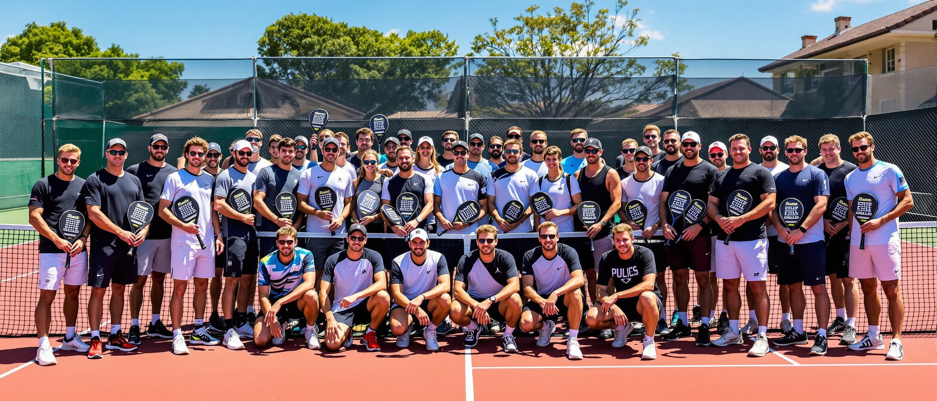 Large group of padel players team photo on a proper padel court