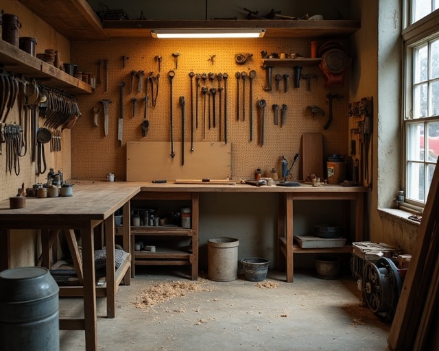 Quiet corner of a working woodworking shop with tools