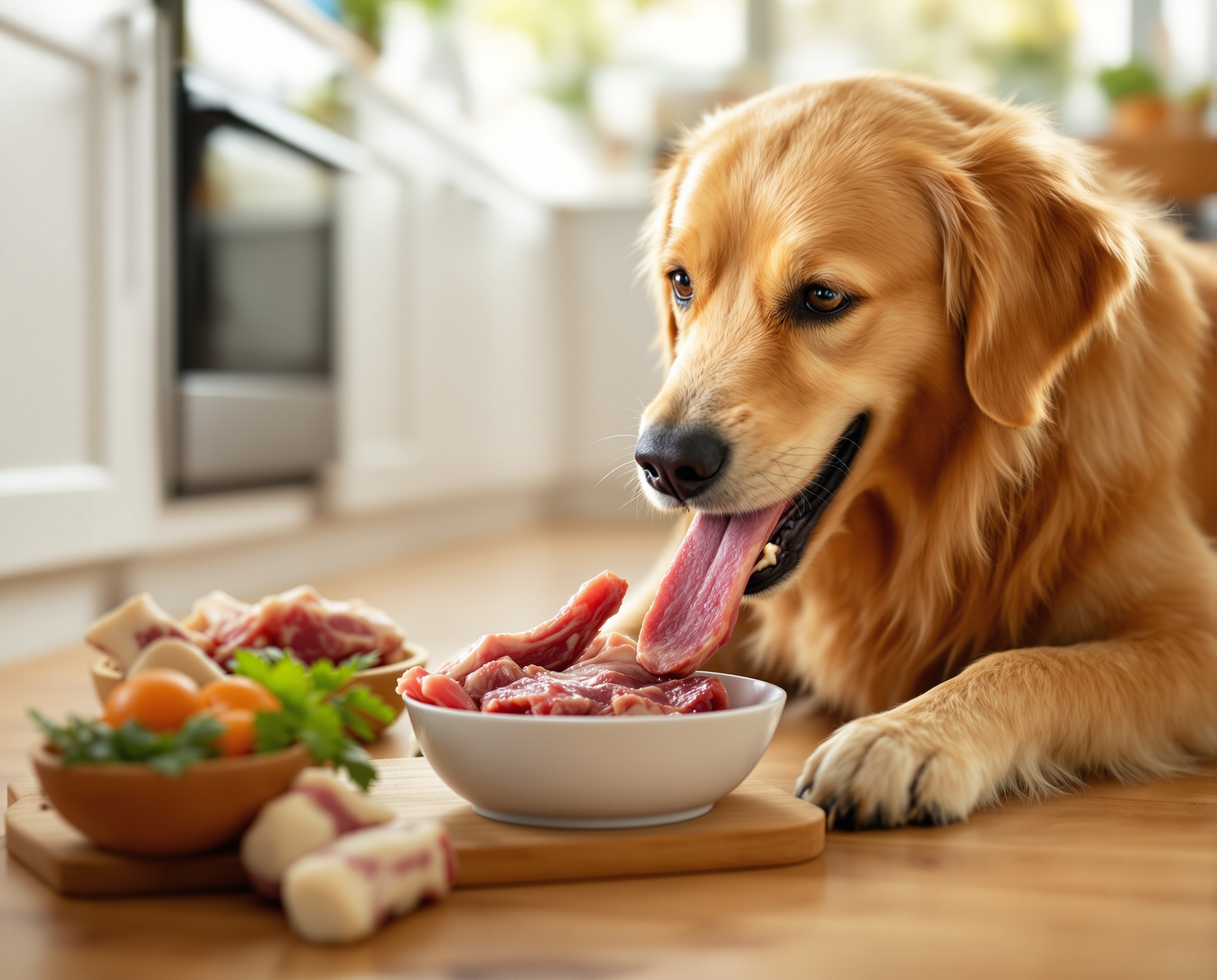 Happy dog enjoying raw food