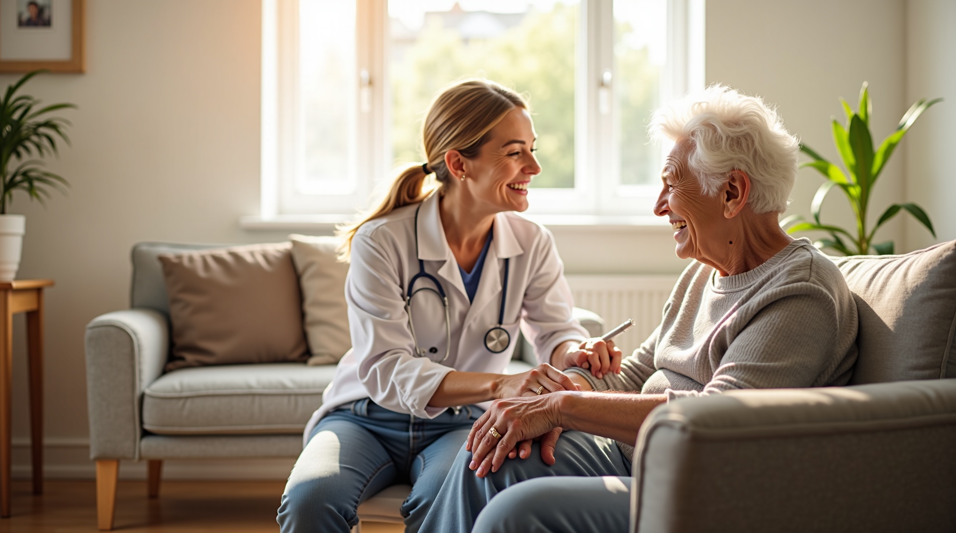 Female care manager with elderly patient at home