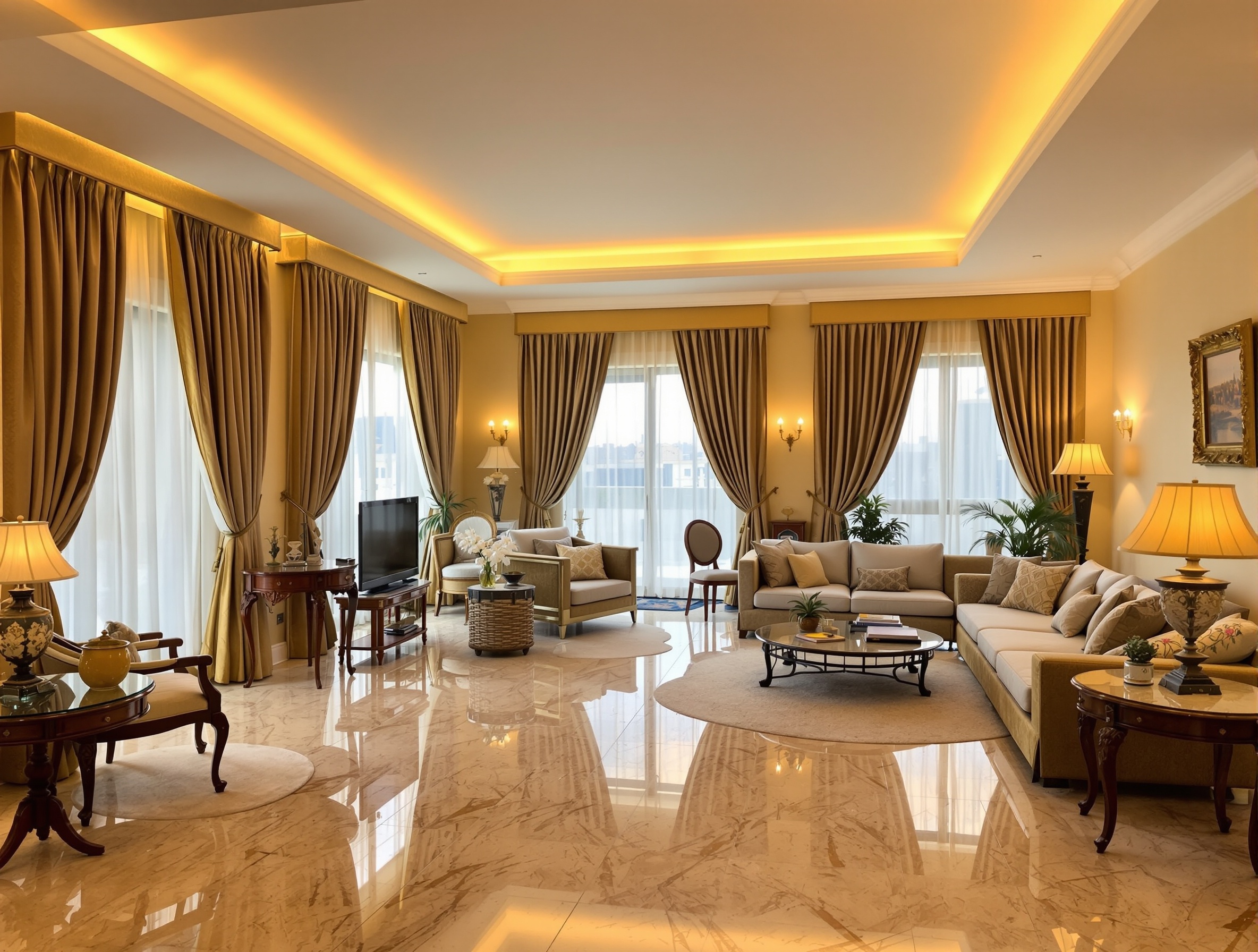Palm Jumeirah Villa — Before ABGMC Renovation Before renovation — Palm Jumeirah villa with dated beige marble floors, yellow wall lighting, and closed off living areas with heavy curtains