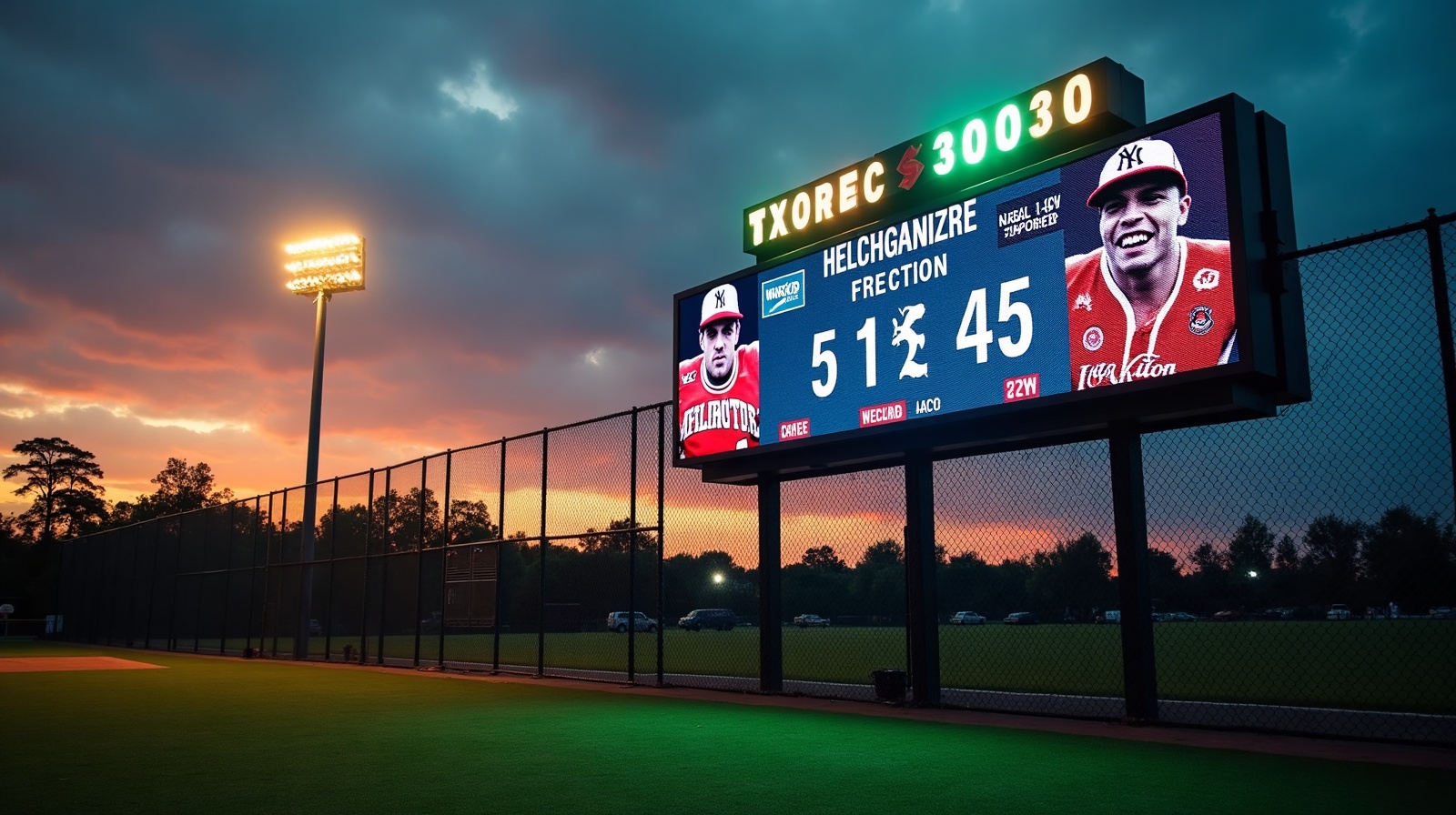 Athlo LiveBoard display at a baseball field showing live scores, innings, and sponsor logos