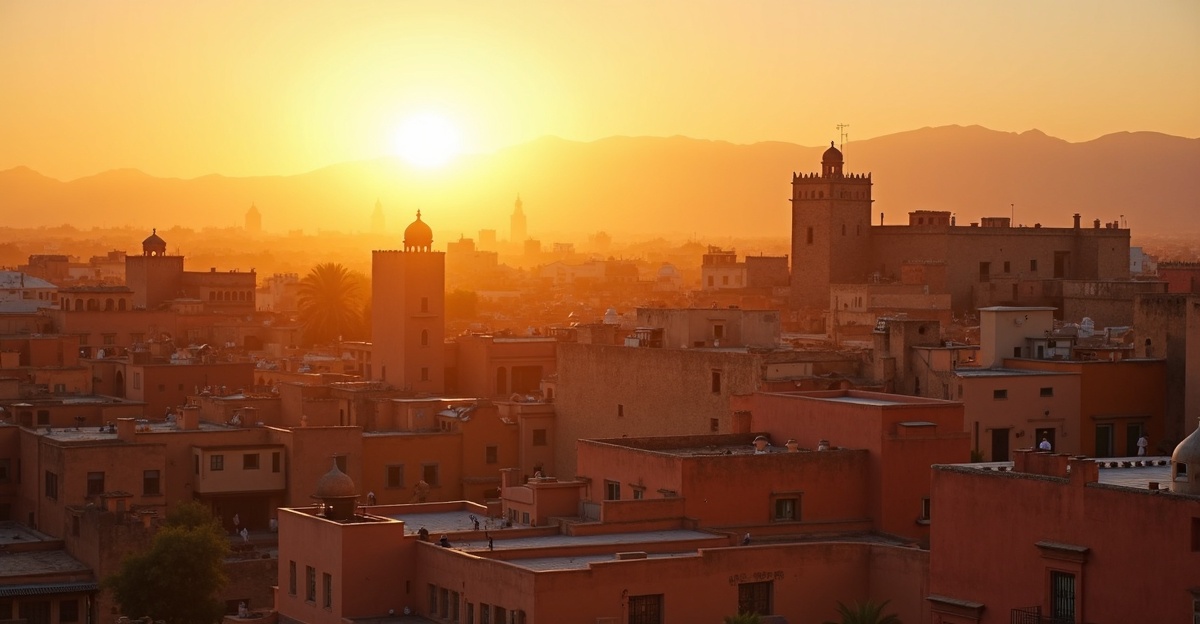 Vue panoramique de la médina de Marrakech au coucher du soleil