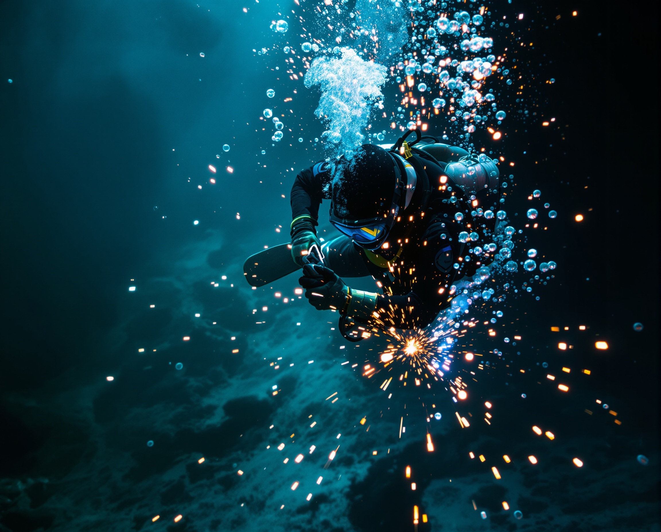 Buzo comercial realizando soldadura submarina profesional