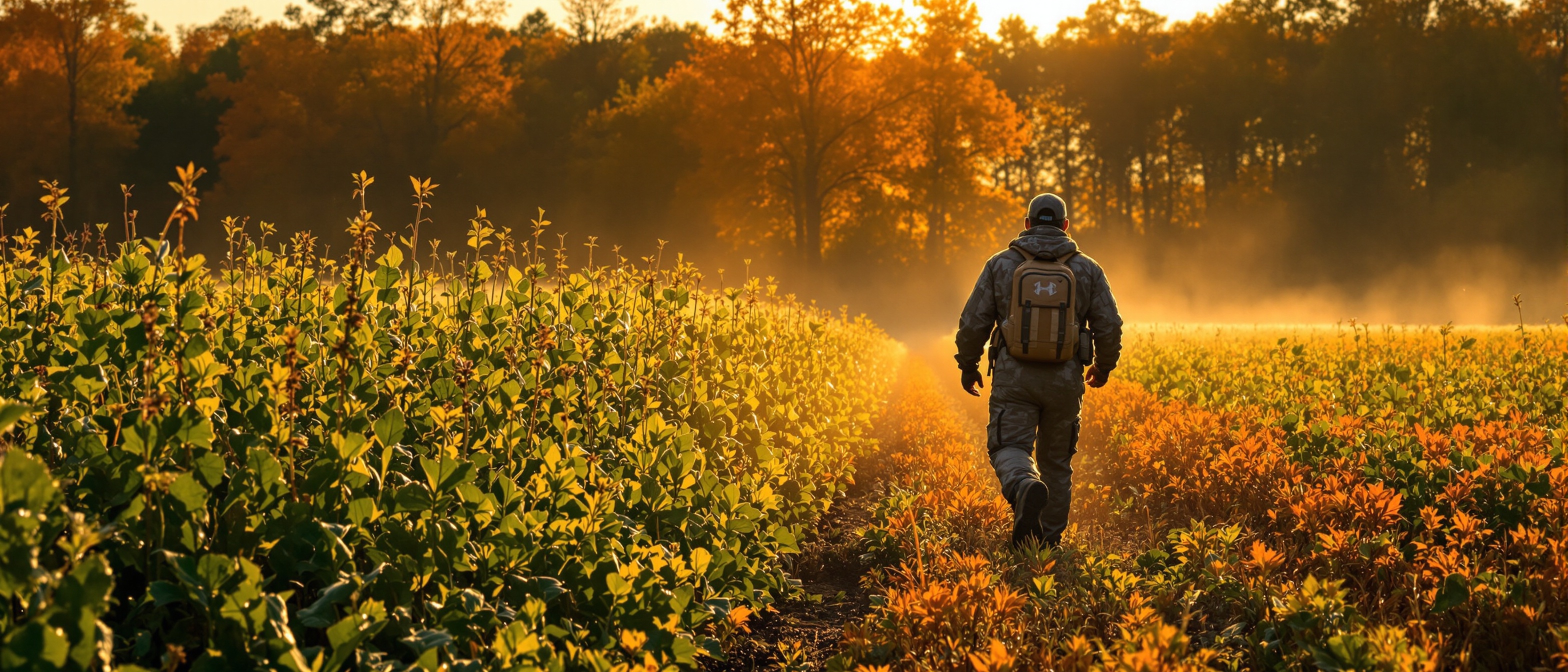 Michigan hunter walking through a food plot at sunrise — when to plant food plots in Michigan