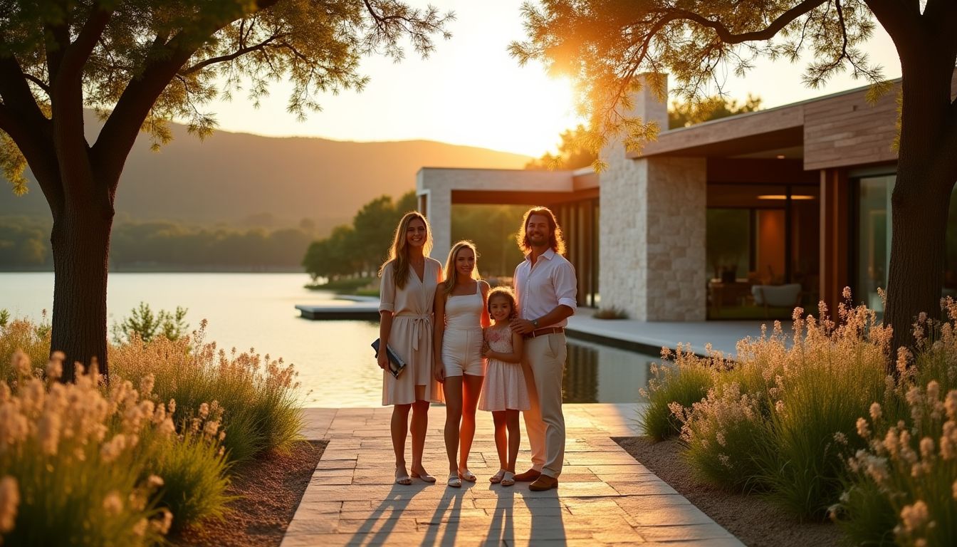 Beautiful wealthy Caucasian family in front of their luxury Lake Travis estate home near Lakeway and Bee Cave