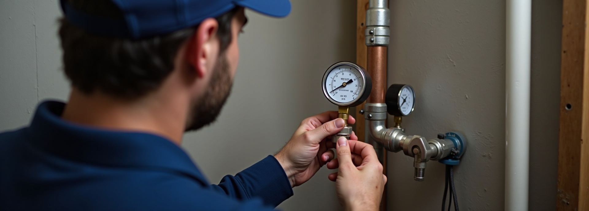 Plumber checking water pressure on a residential pipe system